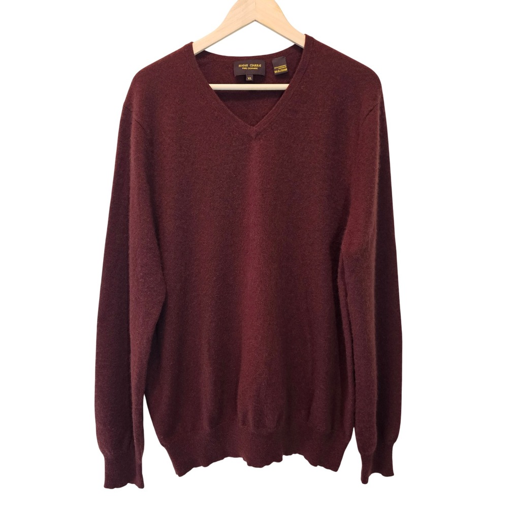 ISAIAH CIARRAI Mens Pure Cashmere‎ Deep Maroon Brown V-neck Fall Sweater Size XL